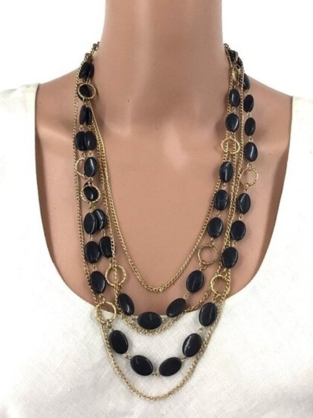 Multi Strand Necklace Gold Tone Chain Black Beaded Statement Womens Jewelry